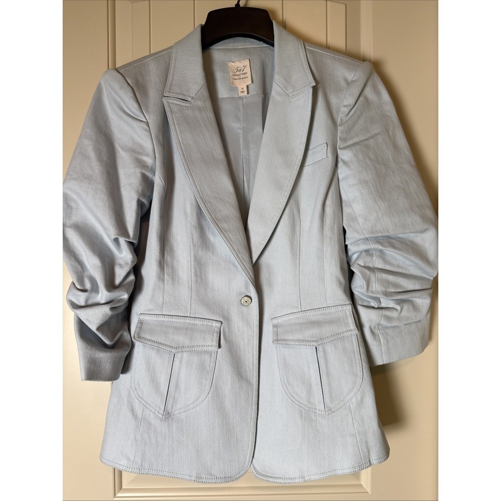Cinq A Sept Louisa Blazer Pleated Pocket Gathered Sleeve Light Blue Denim Sz 10